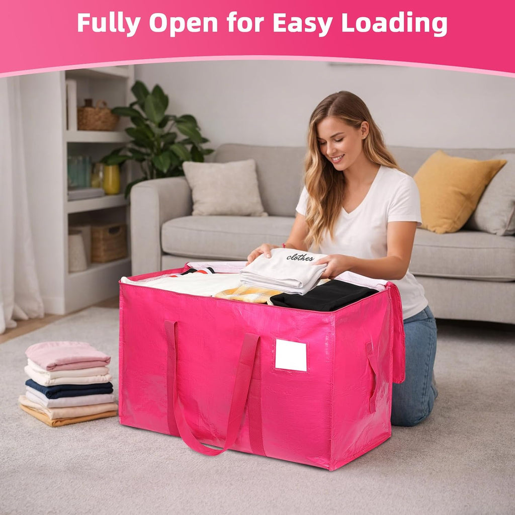 6 Pack Extra Large Moving Bags, 93L Heavy Duty Storage Totes with Reinforced Handles, Strong Zippers, Water-Resistant Foldable Packing Bags for Clothes and Bedding, Rose Pink