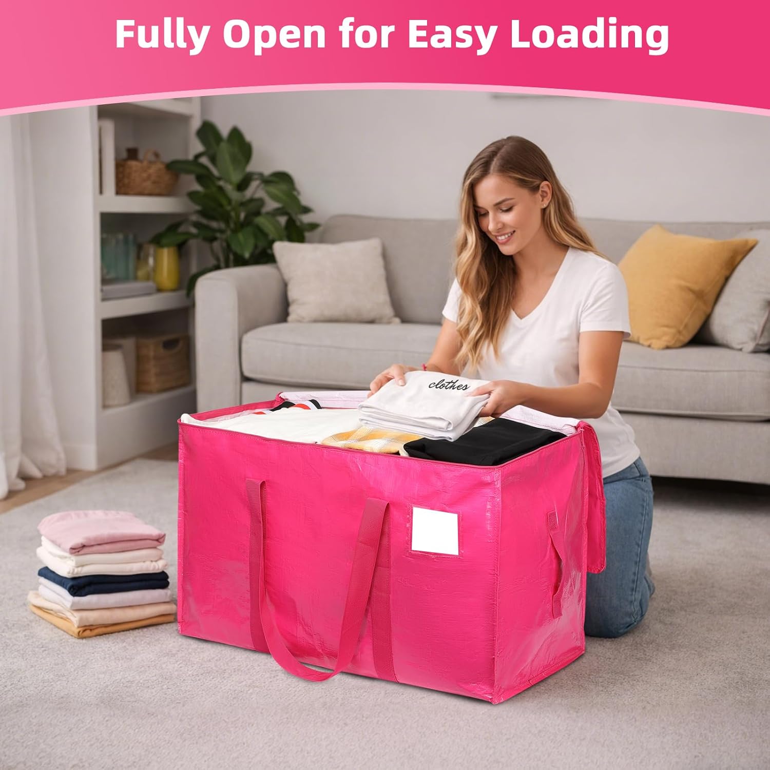 6 Pack Extra Large Moving Bags, 93L Heavy Duty Storage Totes with Reinforced Handles, Strong Zippers, Water-Resistant Foldable Packing Bags for Clothes and Bedding, Rose Pink