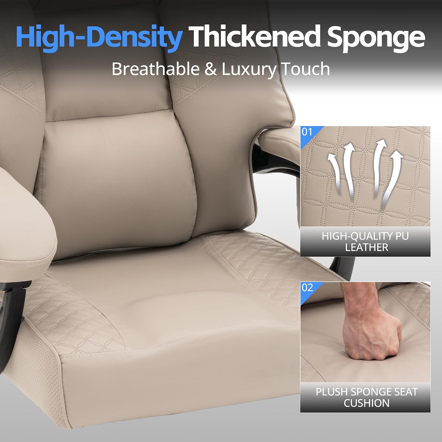 Ergonomic Gaming Office Chair for Adults, Big and Tall Heavy Duty Computer Desk Chair, High Back Video Game Chair with Footrest, Comfortable Leather Home Wide Gamer Chair with Lumbar Support (Beige)