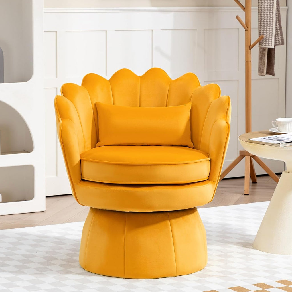 ZJhome Swivel Accent Chairs, 360° Mid-Century Modern Velvet Barrel Chair, Comfy Shell Shape Arm Chair with Lumbar Pillow for Living Room, Bedroom, Office,Dark Yellow, Set of 1