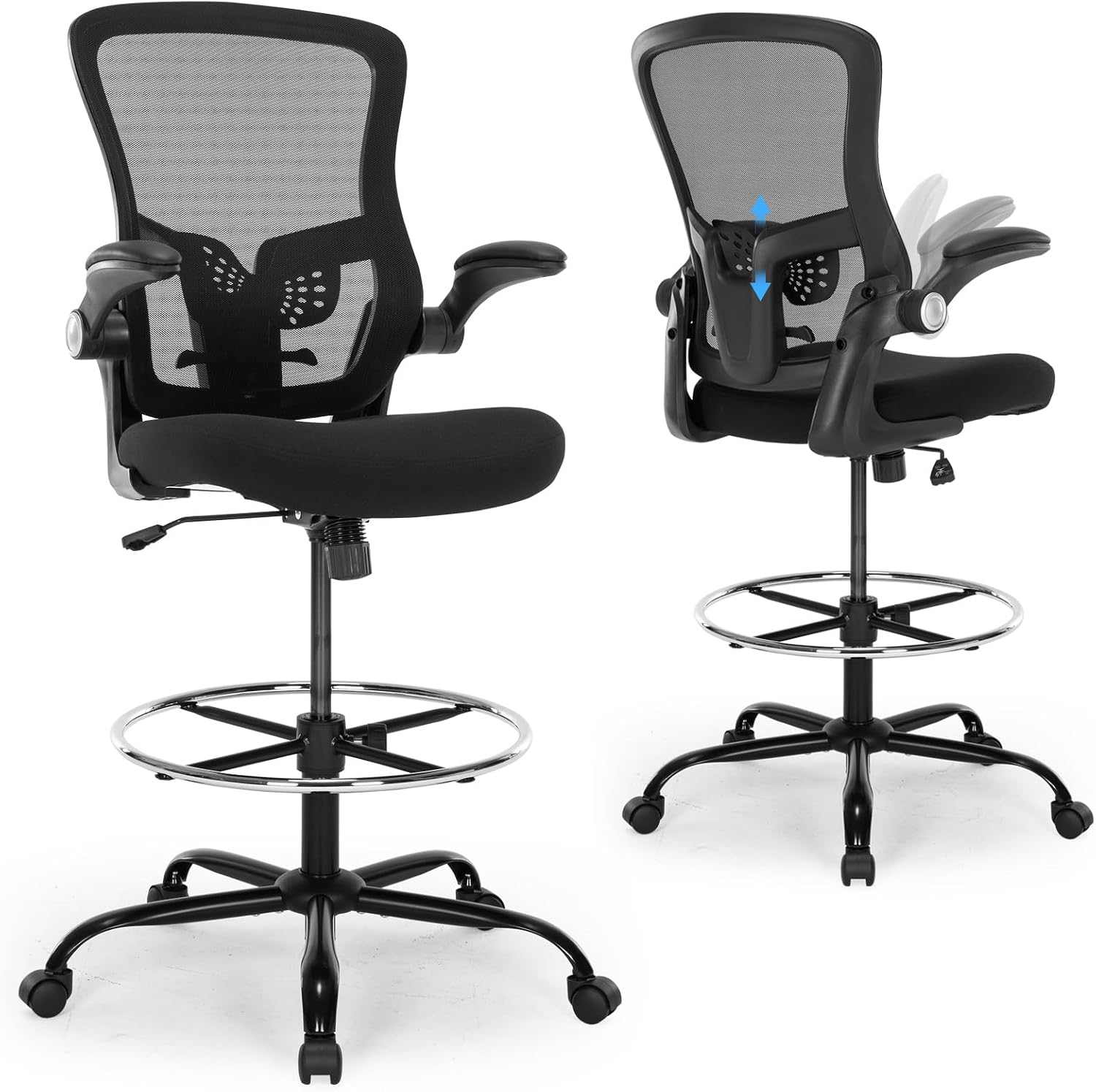 Drafting Chair, Ergonomic Tall Office Chair with Lumbar Support Standing Desk Stool with Flip-up Armrests Comfy High Office Desk Chair with Adjustable Foot Ring for Counter Height Desk, Black