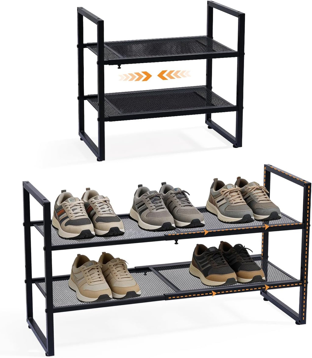 Expandable Shoe Rack,2 Tier Adjustable Metal Shoe Shelf for Closet,Sturdy Free Standing Shoe Storage for Door Entrance,Bedroom,Small Spaces,Black
