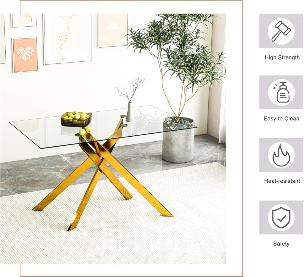 Modern Dining Table for 6 People, 51" Rectangle Dining Room Table with Gold Chrome Metal X-Base, Rectangular Tempered Glass Dining Table, Kitchen Dining Room Tables Luxury Dinner Table