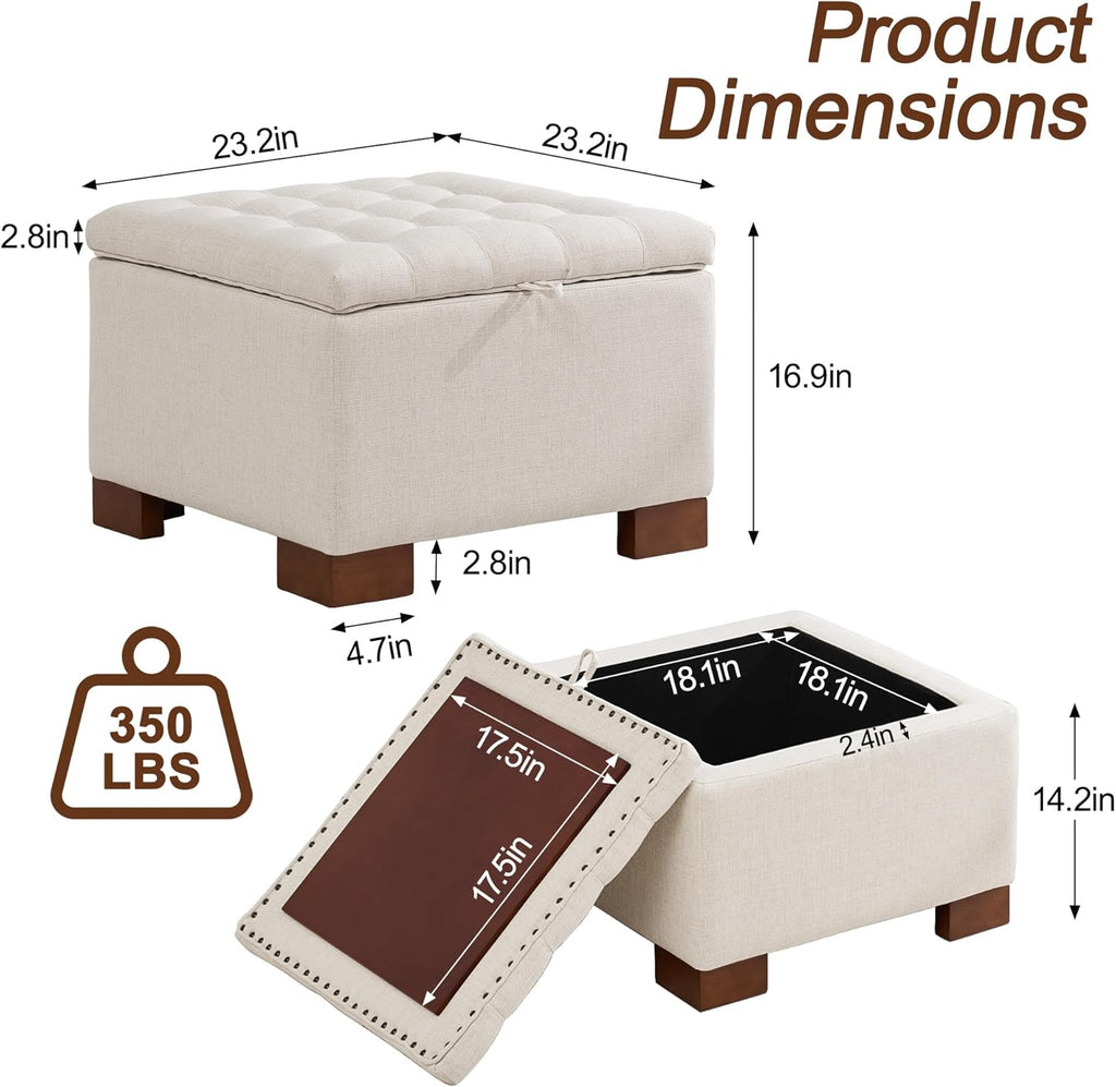 WUTUTUEE 24" Square Fabric Storage Ottoman with Wooden Tray Top, Modern Tufted Button Upholstered Footstool Coffee Table, Multifunctional Small Storage Ottoman for Living Room Bedroom, Beige