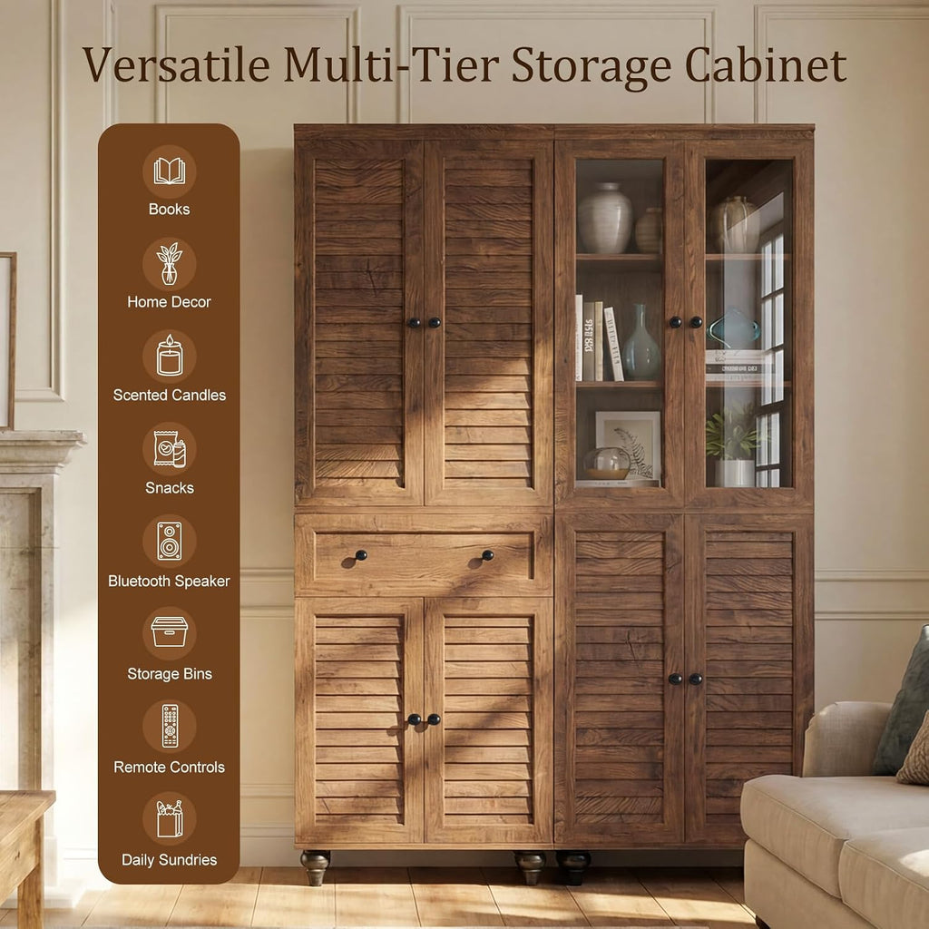 80" Kitchen Pantry Cabinet Set of 2, Farmhouse Storage Cabinets with Glass & Louvered Doors, Adjustable Shelves for Dining Room, Living Room, Home Office, Cracked Oak