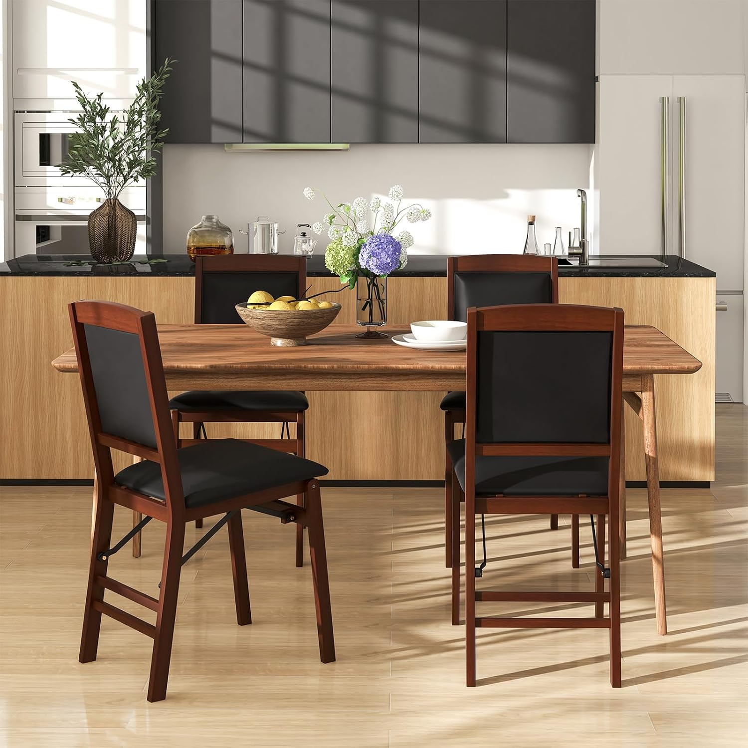 Giantex Folding Dining Chairs Set of 2, Foldable Wood Kitchen Chairs with Padded Seat, Solid Wood Frame, Max Load 400 Lbs, No Assembly Easy to Store Wooden Dining Chairs for Apartment, Small Space