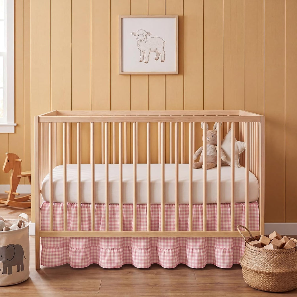Gingham Crib Skirt Dust Ruffle 52 x 28 Inch 100% Washed Cotton Ruffle Plaid Baby Crib Bed Skirt Soft Farmhouse for Boys & Girls Nursery Bedding Decor, Fits Standard Cribs(Pink)