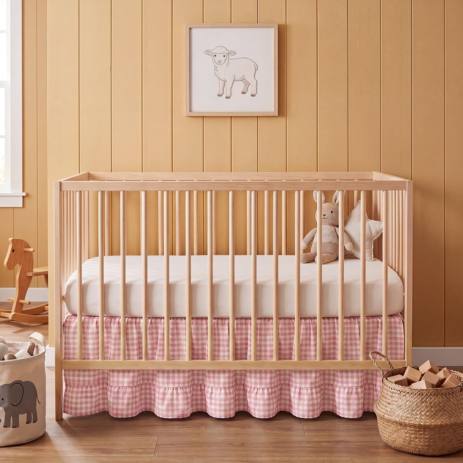 Gingham Crib Skirt Dust Ruffle 52 x 28 Inch 100% Washed Cotton Ruffle Plaid Baby Crib Bed Skirt Soft Farmhouse for Boys & Girls Nursery Bedding Decor, Fits Standard Cribs(Pink)