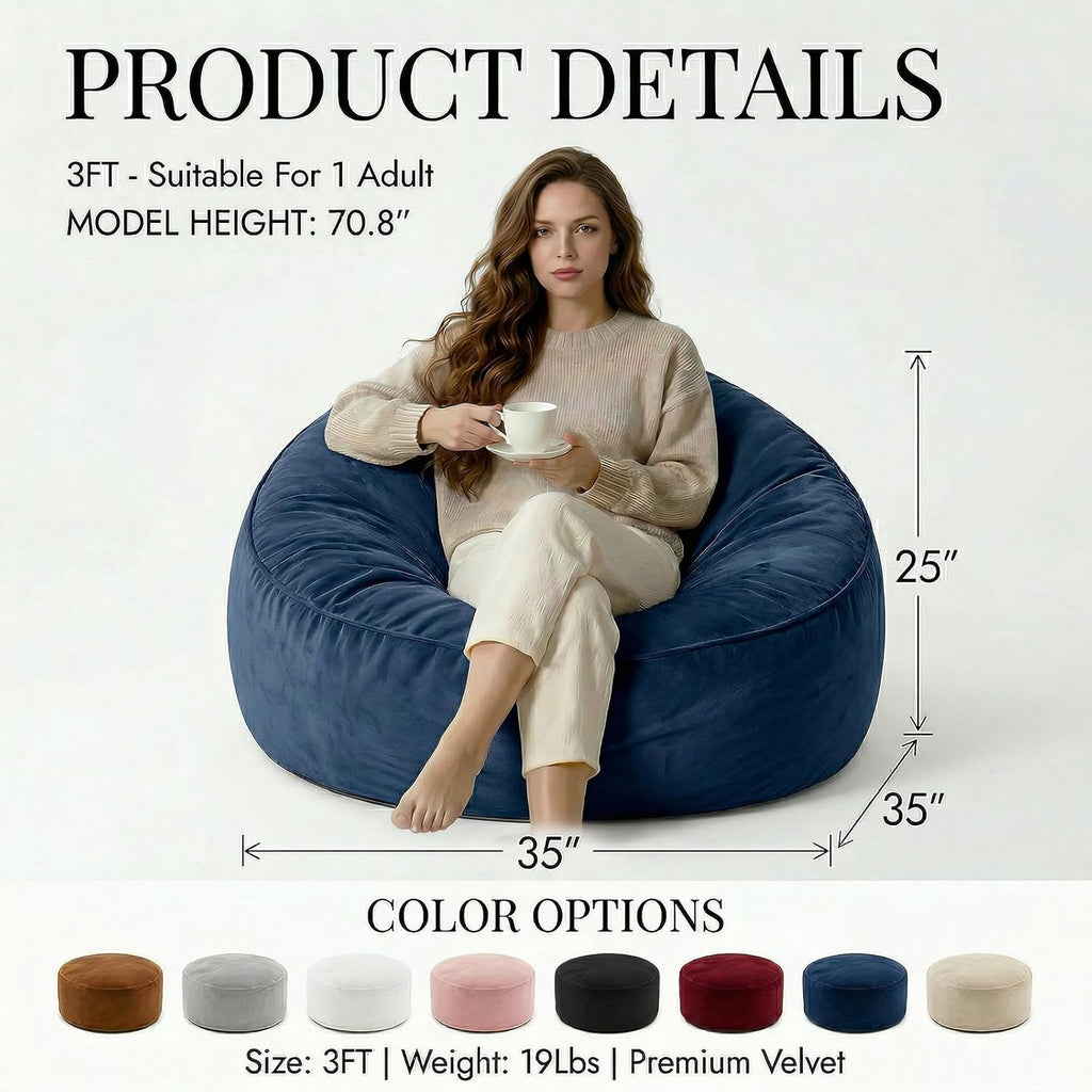 Bean Bag Chair for Adults, High-Density Memory Foam Beanbag Chair with Removable Washable Velvet Cover, Fast Rebound Fluffy Lazy Sofa Couch for Living Room & Bedroom