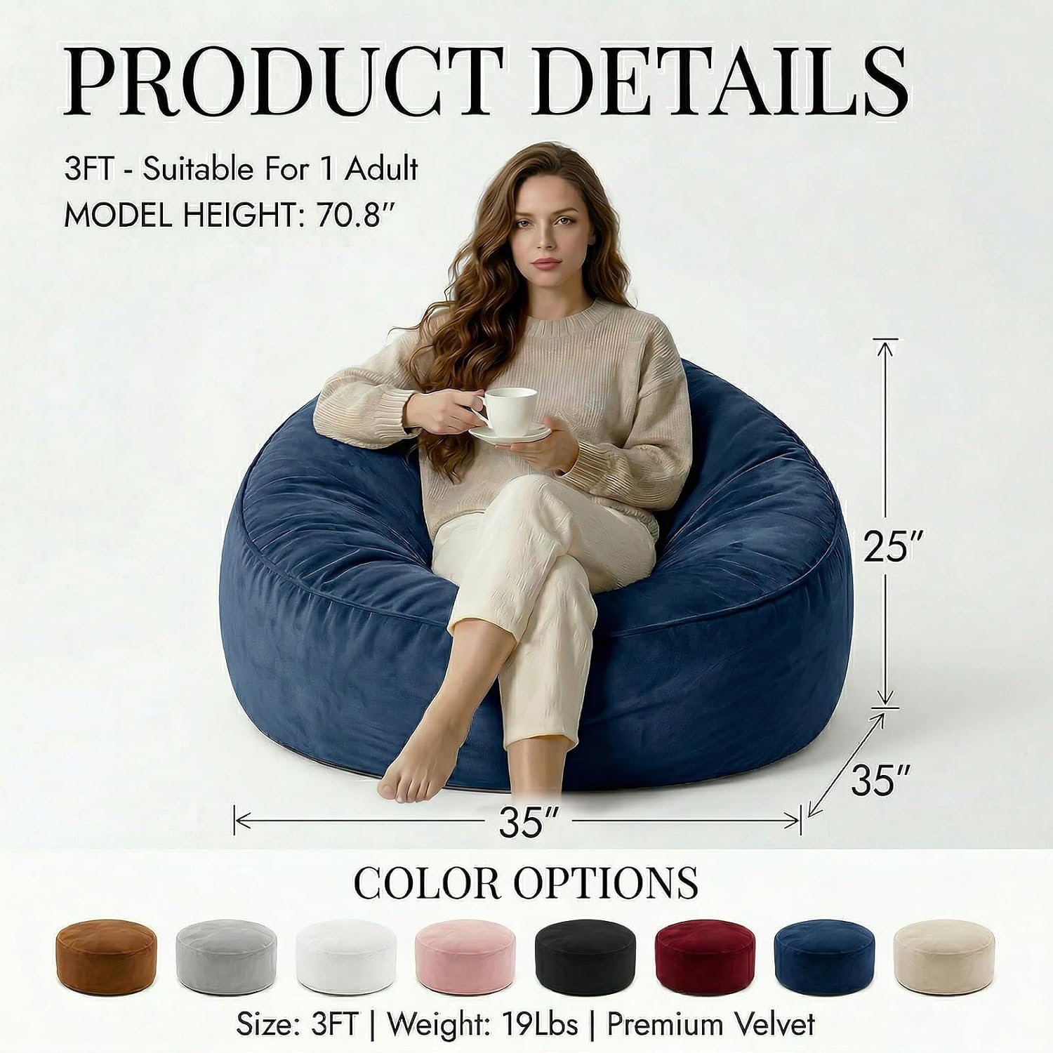 Bean Bag Chair for Adults, High-Density Memory Foam Beanbag Chair with Removable Washable Velvet Cover, Fast Rebound Fluffy Lazy Sofa Couch for Living Room & Bedroom