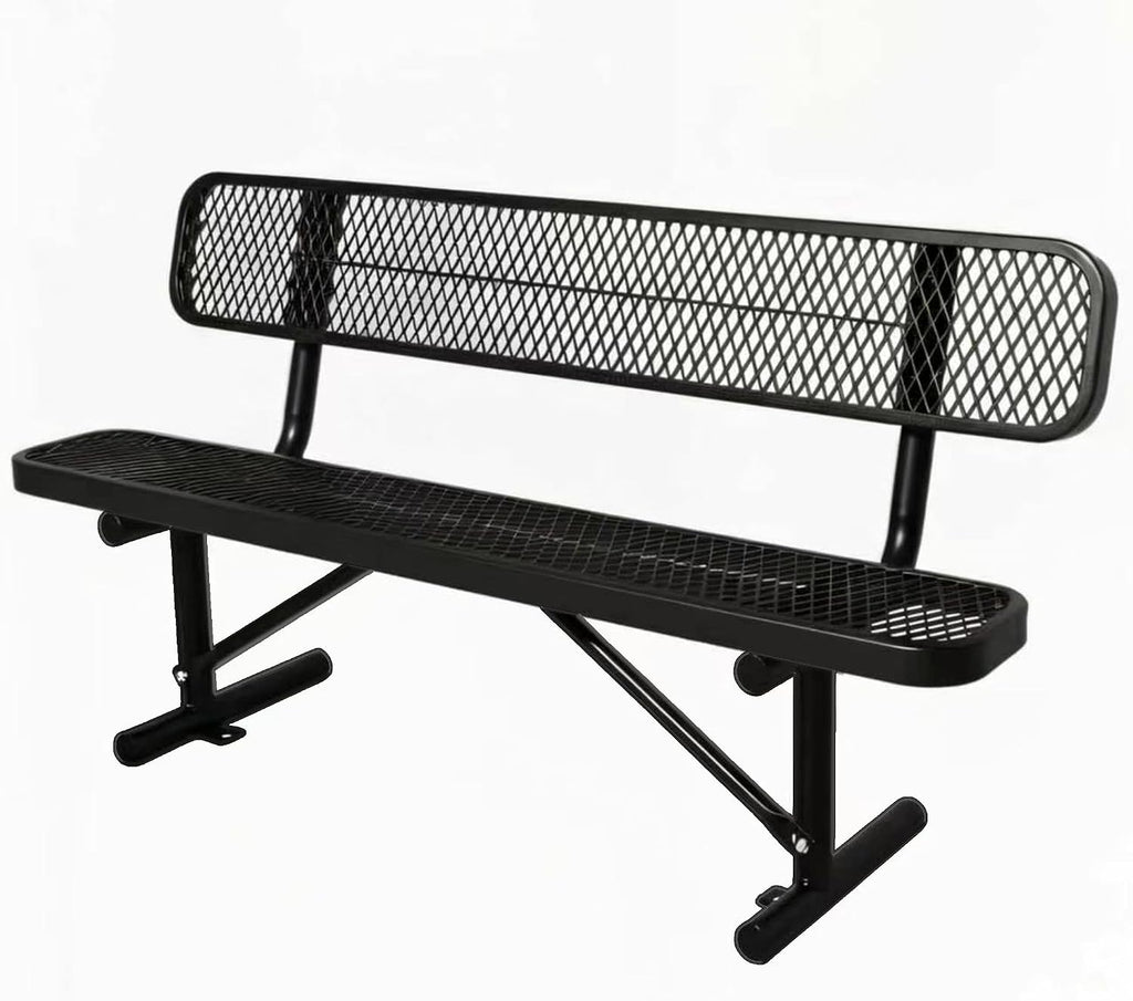 Outdoor Furniture Expanded Metal Bench, Heavy-Duty Park Steel Bench with Backrest, Weatherproof, Commercial-Grade, Thermoplastic Coating, Suitable for Garden, Patio, Outside (Black, 6ft)