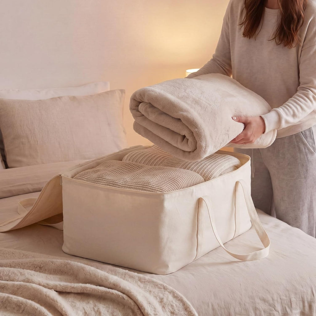 2 Pack 100% Cotton 24"x 15"x 12" Canvas Pillow Storage Bag with Handles for Home Travel Beddings Comforters Blankets Saree Linens Organizer Thick Soft Breathable Closet Organizer Bag