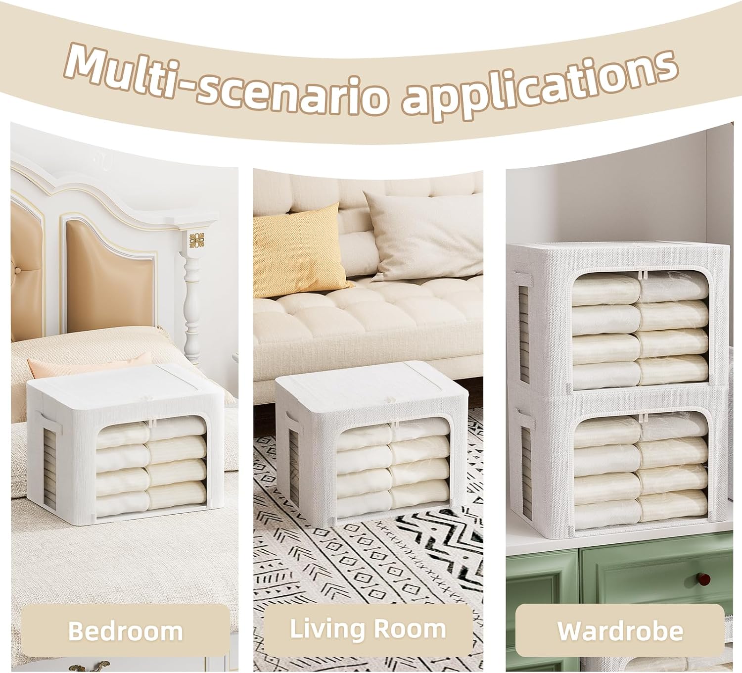 FHSQX 8 Pack Clothes Storage Bins - Foldable Storage Bins for Clothes Fabric Storage Box with Metal Frame (Cream White, 19.7x15.7x13.8 inch)