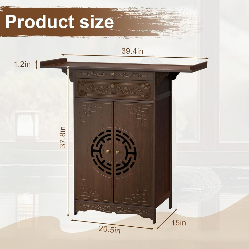 Altar Table with Storage for Meditation and Prayer, Bamboo Buddhist Chinese Altar Cabinet with Carved Corner Flowers, Zen Shrine Table for Floor, Meditation Table for Home Decor, Incense and Pray