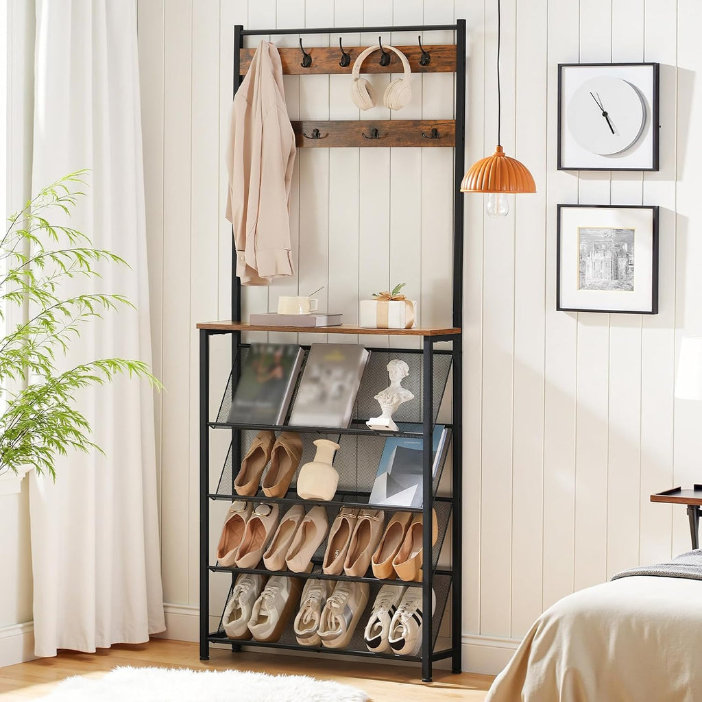 HOOBRO Hall Tree with Bench, Narrow Shoe Rack with Coat Rack, Coat Rack with Shoe Storage, 5 Tier Slanted Shoe Storage Organizer, Coat and Shoe Rack Entryway, Slim Hall Tree, Rustic Brown BF20MT01