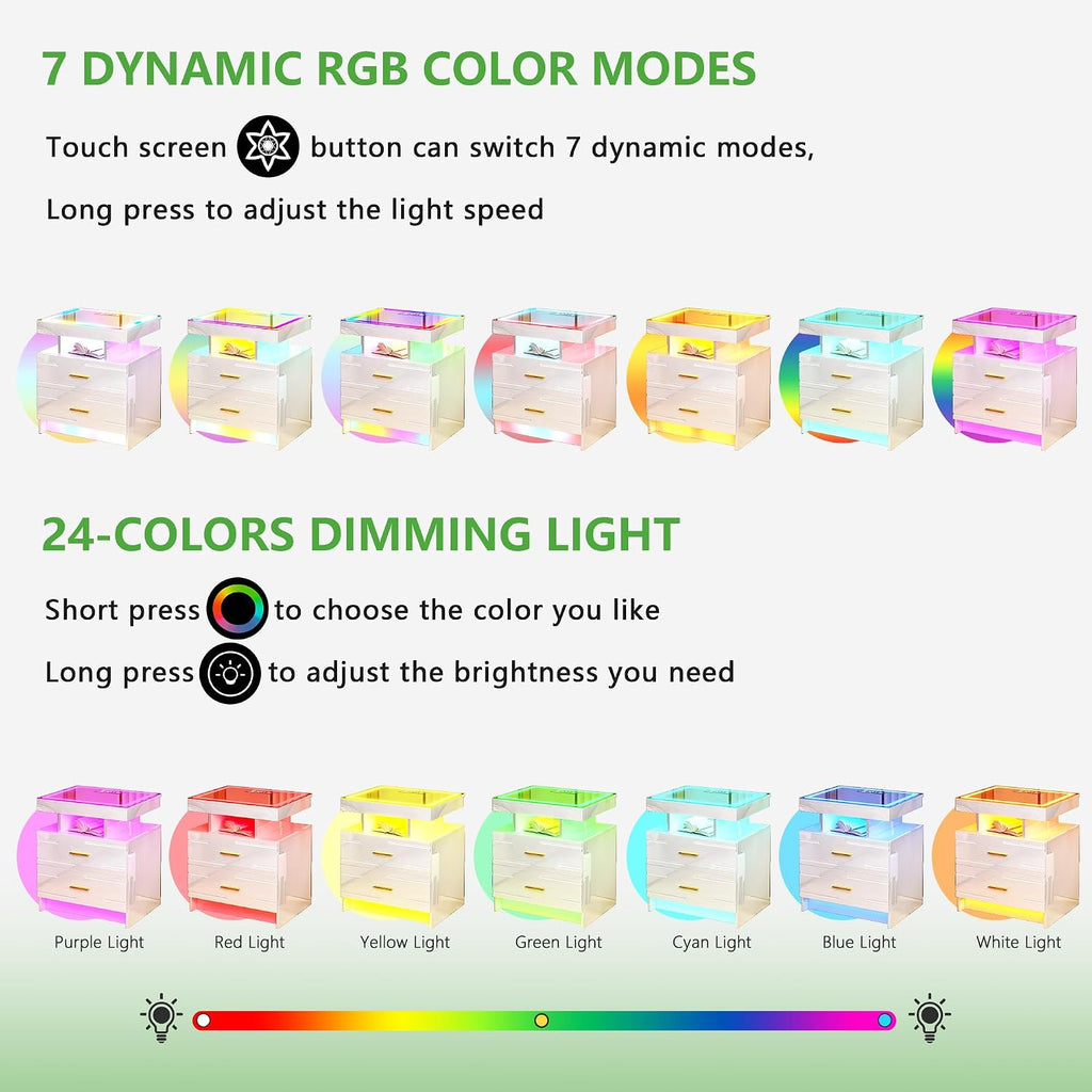 HNEBC Night Stand Set 2 with Wireless Charging Station& Remote Lights,White | LED Nightstand with Tempered Glass Top, RGB Dynamic motion sensor Lighting, Higt-Gloss, 2 Drawers for Bedroom,Living Room