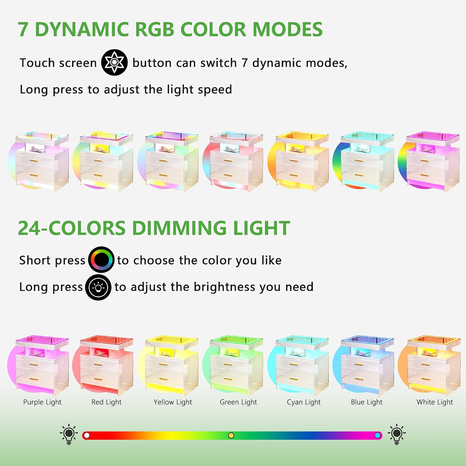 HNEBC Night Stand Set 2 with Wireless Charging Station& Remote Lights,White | LED Nightstand with Tempered Glass Top, RGB Dynamic motion sensor Lighting, Higt-Gloss, 2 Drawers for Bedroom,Living Room
