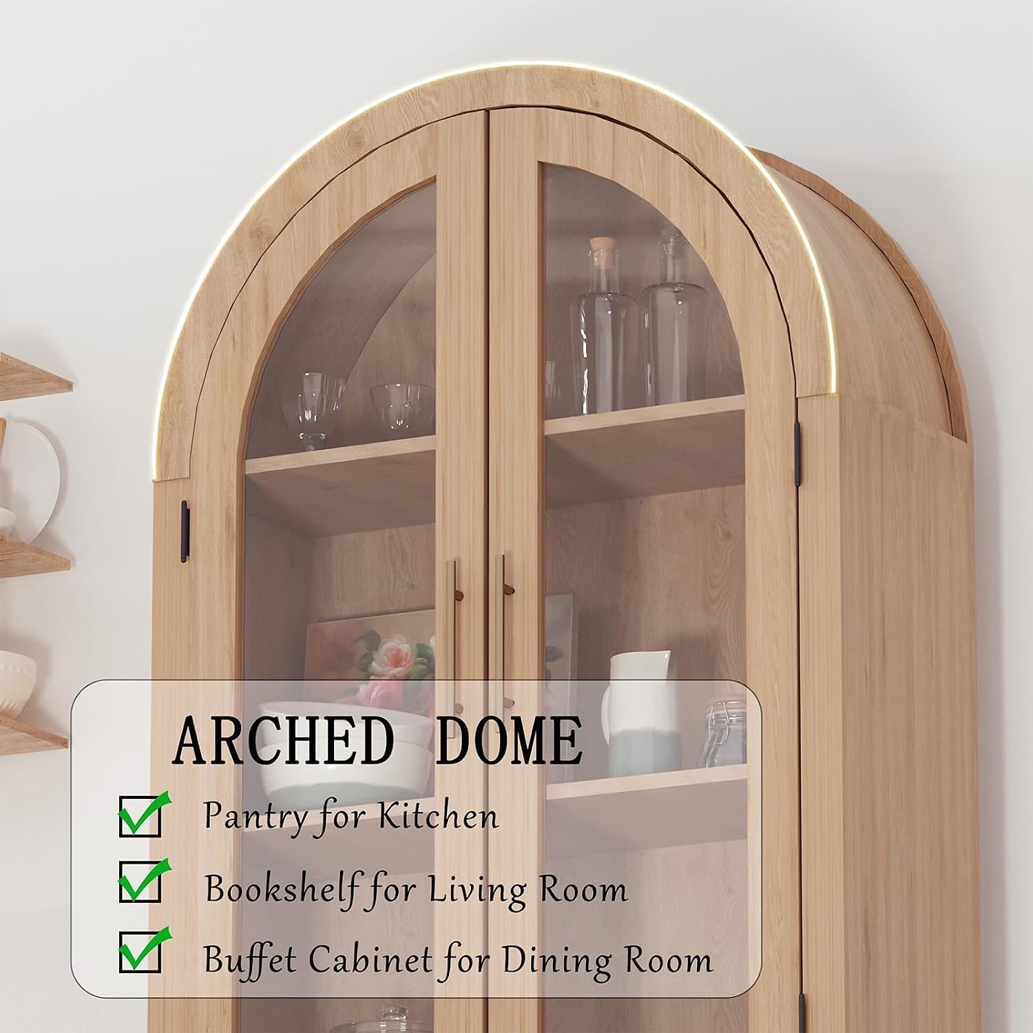 Jojoka Arched Pantry Cabinet, 60" Tall Farmhouse Kitchen Storage Cabinet with Glass Doors & X-Design, Tall Narrow Accent Cabinet with 4 Doors, Wood Display Cabinet for Dining Room, Living Room, Entry