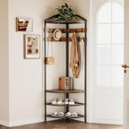 GiftGo Corner Hall Tree with Shoe Bench Entryway Coat Rack with 10 Metal Movable Hooks Floor Standing Clothes Rack Shoes Shelf Organizer for Home Office Bedroom (Rustic Brown)