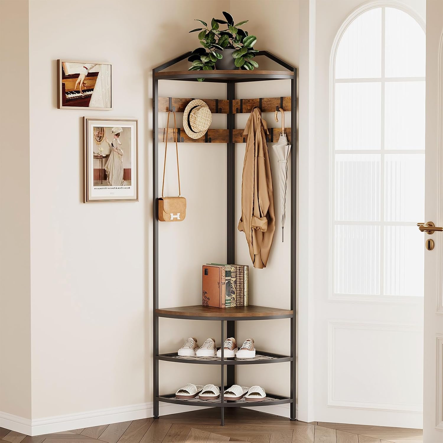 GiftGo Corner Hall Tree with Shoe Bench Entryway Coat Rack with 10 Metal Movable Hooks Floor Standing Clothes Rack Shoes Shelf Organizer for Home Office Bedroom (Rustic Brown)