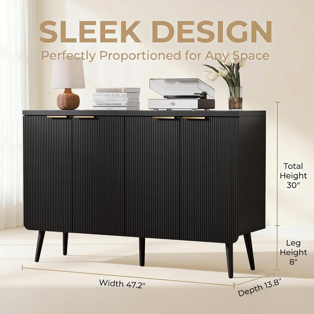 47.2" Versatile Fluted Wooden Storage Sideboard, 4-Door Buffet Cabinet with Adjustable Shelves, Functional Credenza for Living, Dining Room & Entryway Decor, Black