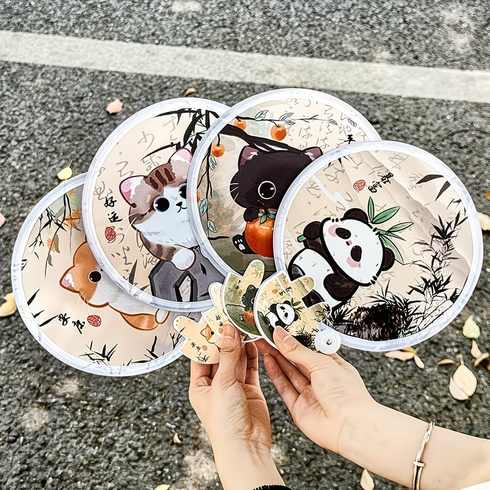 2Pcs Cute Cat Folding Fans, Maneki-Neko Design, 2-in-1 Cooling & Sun Protection, Quiet Portable Handheld Fans with Storage Bag,3.93 x 3.66 Inches Mini Size,Panda + Orange Cat