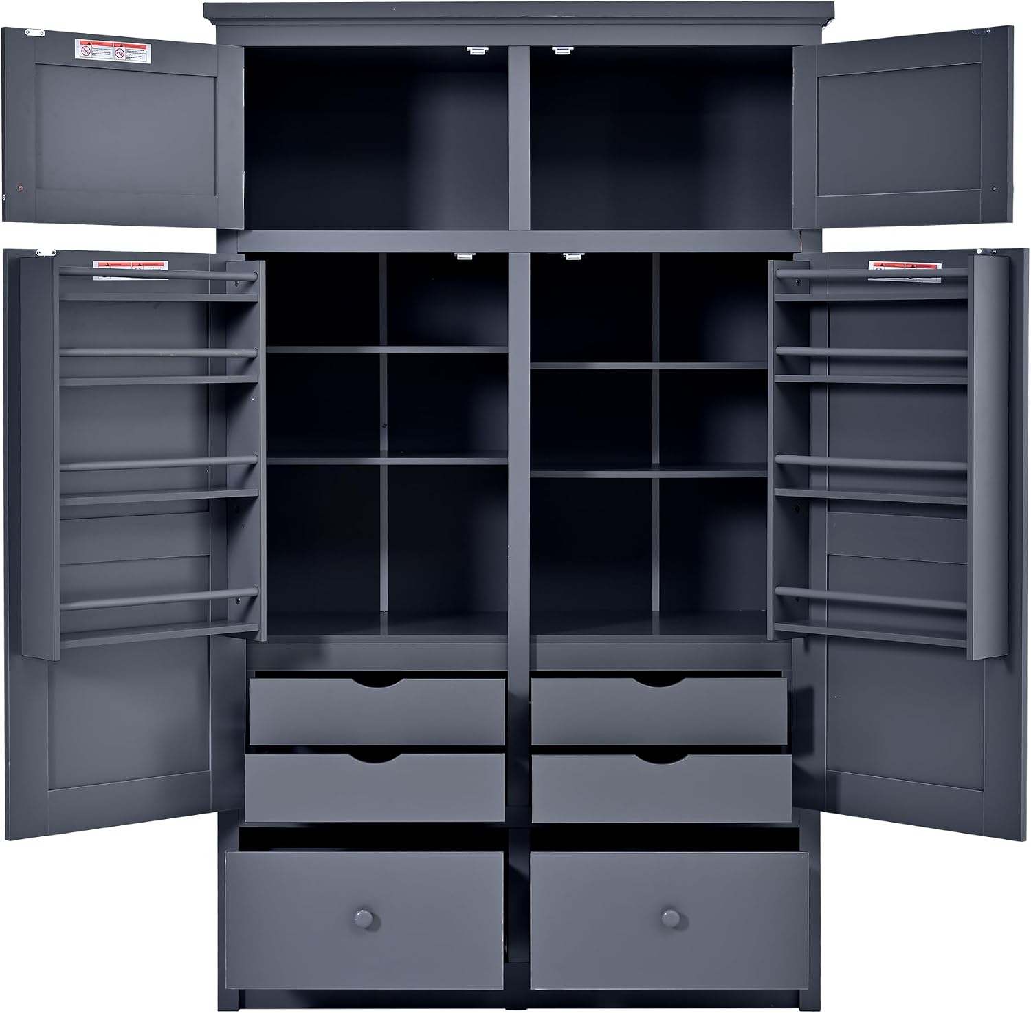 Tall Kitchen Pantry Cabinet with Adjustable Shelves, Freestanding Large Cupboard with 8 Door Shelves, 4 Pull-Out Trays, 6 Drawers for Kitchen, Dining Room (Grey)
