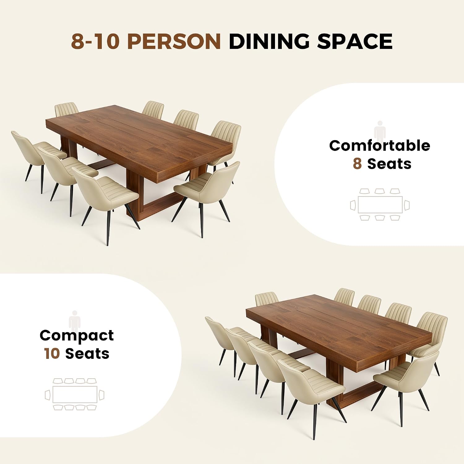 Miereirl 9-Piece Modern Farmhouse Dining Table Set, 86.6" x 47.2" Sturdy Stable Dining Table with 8 Chairs, Rectangular Kitchen Table Set for 8,(Walnut Table+8 Beige Chairs)