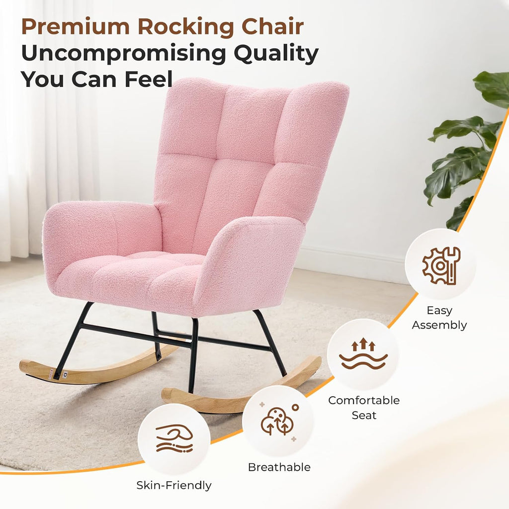 Nursery Rocking Chair, Teddy Upholstered Glider Rocker with High Backrest & Thick Cushion, Tufted Accent Armchair with Wood Legs, Comfy Reading Chair for Living Room Bedroom Office, Pink