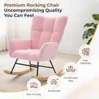 Nursery Rocking Chair, Teddy Upholstered Glider Rocker with High Backrest & Thick Cushion, Tufted Accent Armchair with Wood Legs, Comfy Reading Chair for Living Room Bedroom Office, Pink