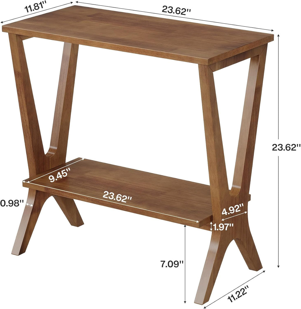 Solid Wood End Table for Living Room, 2-Tier Storage Shelves Sofa Couch Side Table with Sturdy Legs, Wooden Narrow Retro Nightstand for Small Spaces, Bedroom, Apartment