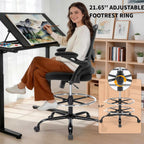 Drafting Chair, Tall Office Chair for Standing Desk, Ergonomic Standing Desk Chair with Flip-up Armrests, Counter Height Office Chair with Footrest and Adjustable Lumbar Support