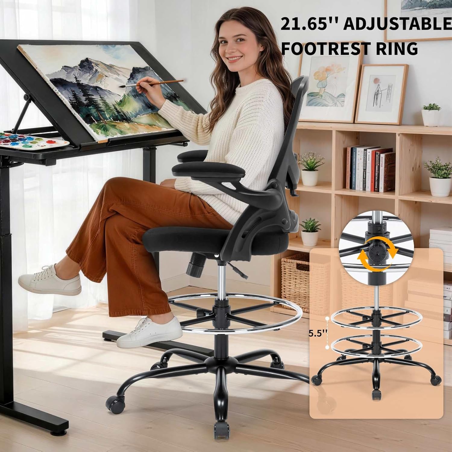Drafting Chair, Tall Office Chair for Standing Desk, Ergonomic Standing Desk Chair with Flip-up Armrests, Counter Height Office Chair with Footrest and Adjustable Lumbar Support