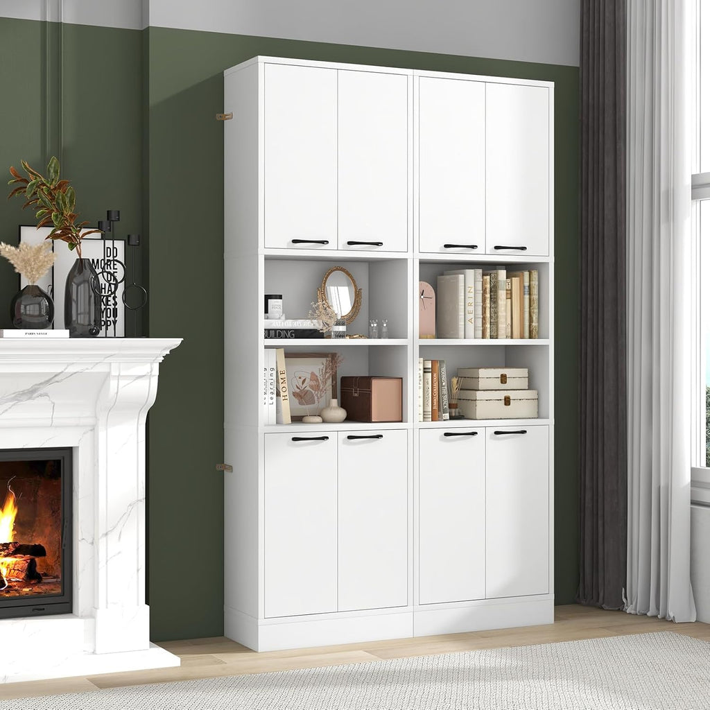 75” Kitchen Pantry Cabinet, Tall Freestanding Kitchen Hutch with 4 Doors, 2 Open Shelves & 4 Anti-Tipping Devices, Bathroom Storage Cabinet for Living Room, Dining Room (White)