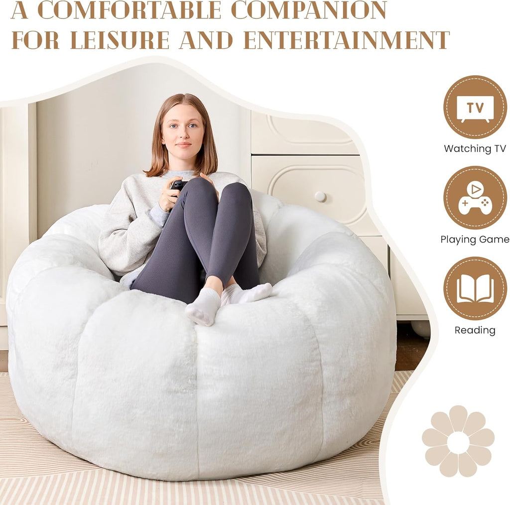 Flower Bean Bag Chair for Teens and Young Adults, Soft Faux Fur Floor Seating with Memory Foam, Aesthetic Room Decor Cozy Lounger for College Dorm, White