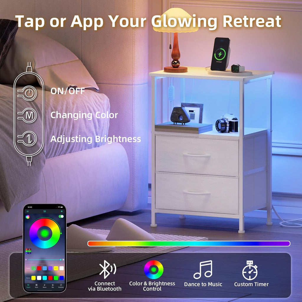 Somdot Nightstand with 2 Drawers, Charging Station & LED Light | Fabric-Bin Dresser for Bedroom, Bedside, Kids Room, Dorm, Closet, Laundry and Entryway, White