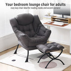 Furlide Lazy Chair with Ottoman, Modern Chair with Folding Footrest, Dark Grey Accent Chair, Comfortable Reading Chair, Oversized Armchairs for Bedroom, Study, Living Room, Courtyard