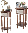 HOMPUS Wood End Table Set of 2, Round End Table with Drawer & Open Shelf, Vintage Bedside Table with Carved Flower Pattern, Tall Wooden Nightstand, Decorative Side Table for Bedroom (Brown, 2 PCS)