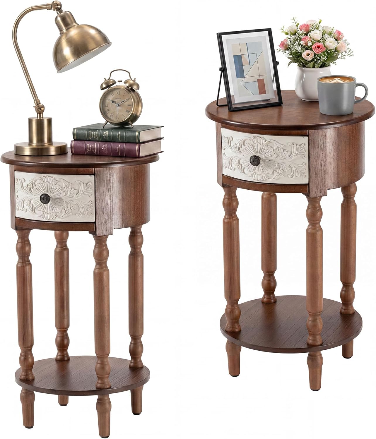 HOMPUS Wood End Table Set of 2, Round End Table with Drawer & Open Shelf, Vintage Bedside Table with Carved Flower Pattern, Tall Wooden Nightstand, Decorative Side Table for Bedroom (Brown, 2 PCS)