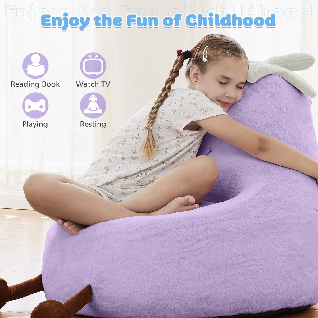 DUMOS Kids Bean Bag Chair, Stuffed Toddler Couch with Faux Rabbit Fur Cover for Teens & Kids, Comfy Lazy Sofa Chair for Reader, Living Room, Bedroom, Aged 4-12 Years, 31 Inch, Purple