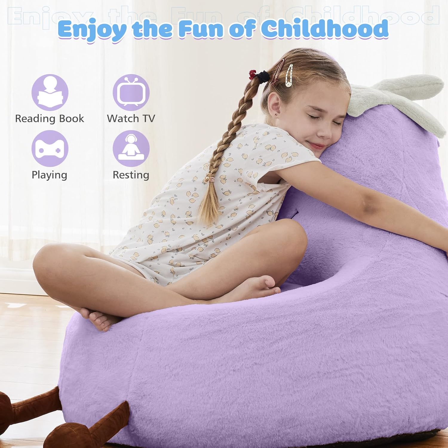 DUMOS Kids Bean Bag Chair, Stuffed Toddler Couch with Faux Rabbit Fur Cover for Teens & Kids, Comfy Lazy Sofa Chair for Reader, Living Room, Bedroom, Aged 4-12 Years, 31 Inch, Purple