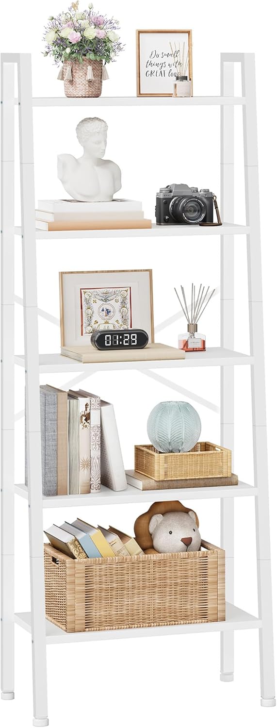 Hoctieon 5-Tier Industrial Ladder Bookshelf, Narrow Ladder Shelf, Tall Standing Bookshelf, Skinny Open Ladder Shelf, for Living Room, Home Office, Kitchen, Bedroom, Metal Frame, White