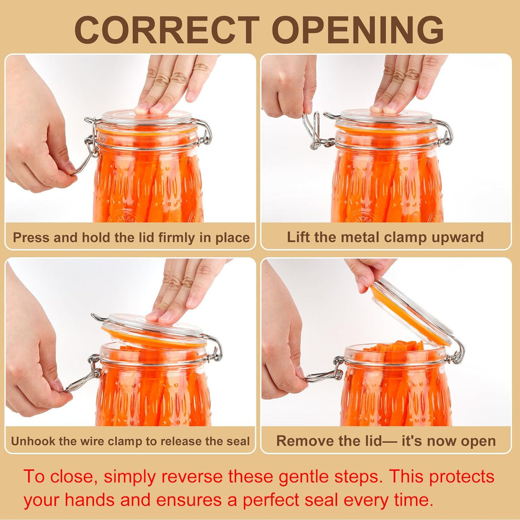 32oz Mason Jars with Airtight Lids, 6 Pack Wide Mouth Canning Jars with Clamp Lid, Quart Glass Canisters for Kitchen Storage, Pickling, Coffee, Cereal, Sugar, Flour, Beans