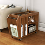 Narrow Side Table Slim End Table with Brakeable Wheels, 6 Storage Compartments & Removable Tray, Multifunctional Nightstand Bedside Table for Living Room Sofa Bedroom (Brown)