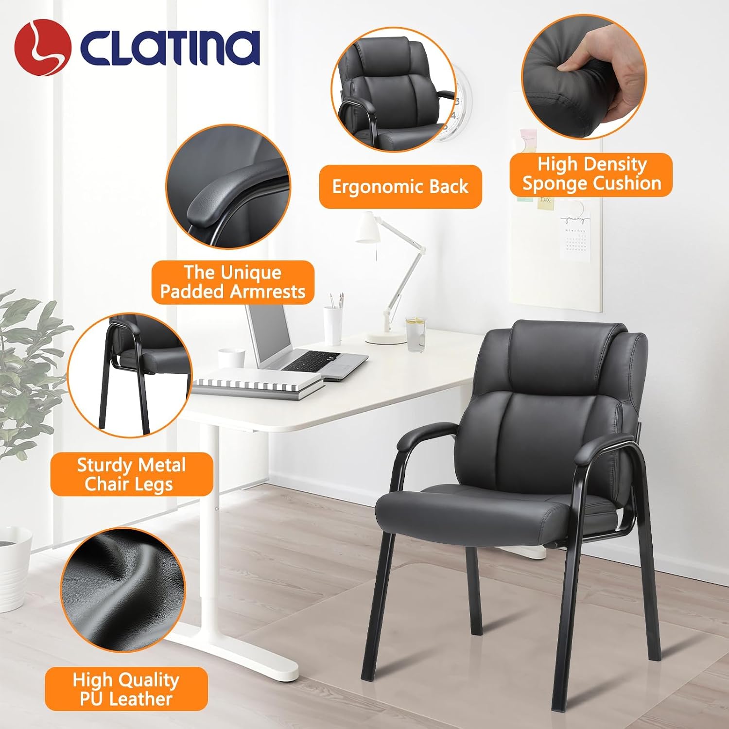 CLATINA Leather Reception Guest Chair, Office Stationary Armchair with Padded Armrests for Meeting Conference Waiting Room Lobby School, Black, 8 Pack