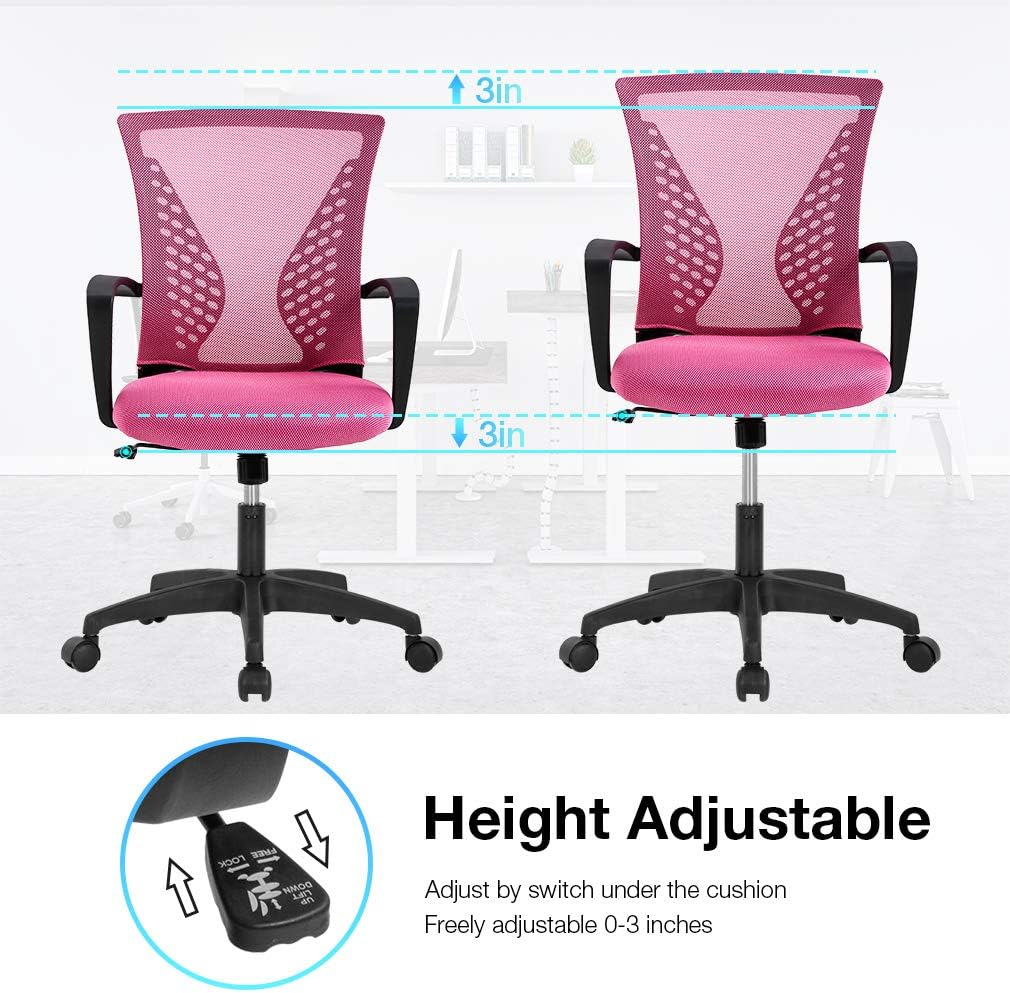 Ergonomic Office Chair Desk Computer Mesh Executive Task Rolling Gaming Swivel Modern Adjustable with Mid Back Lumbar Support Armrest for Home Women Men,Pink