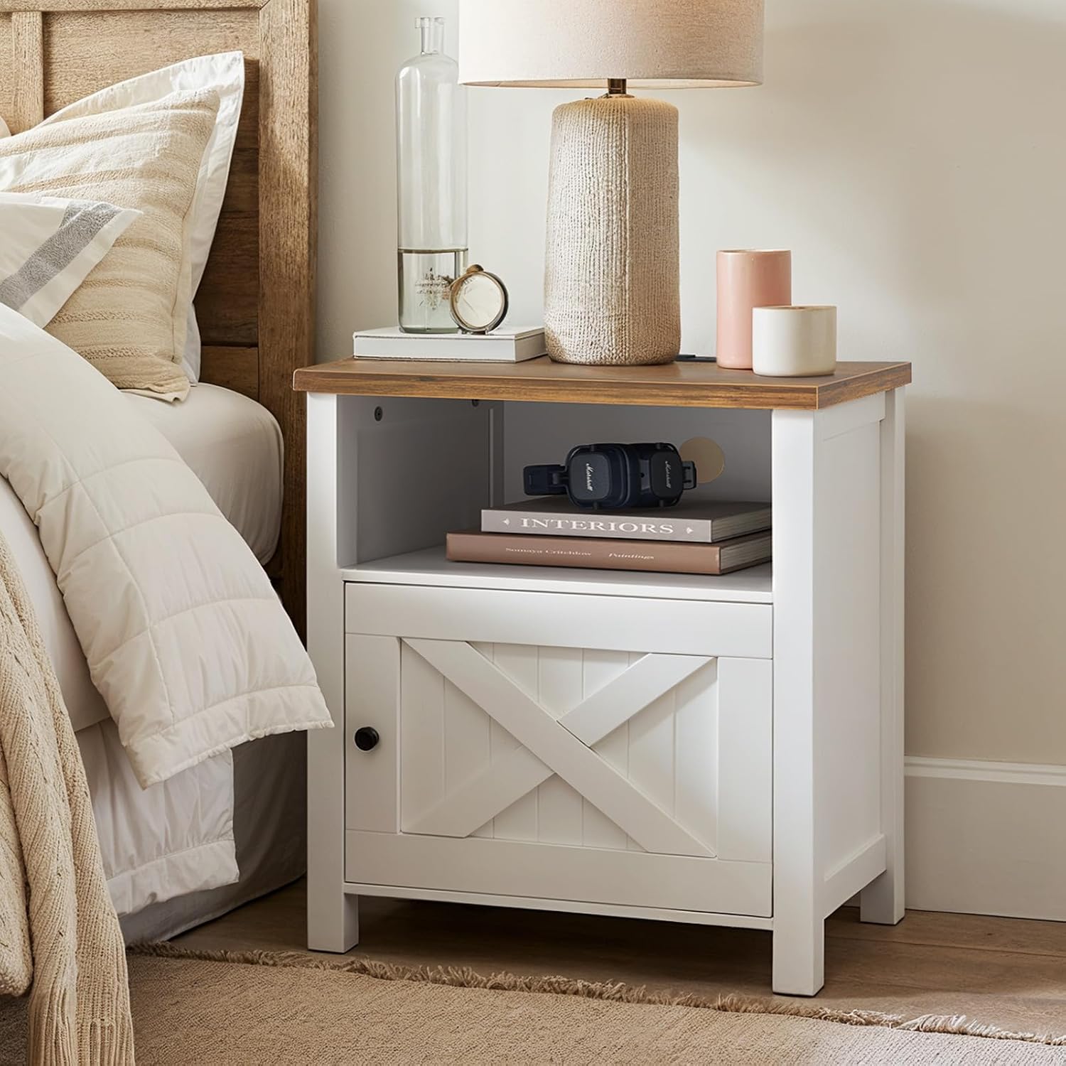 Pipishell Night Stand Set 2, Farmhouse Bedside Table Set of 2 with Open Shelf, Enclosed Cabinet, USB Port & AC Outlet, Wood Side Table with Storage for Bedroom, White and Brown, 2 Pack