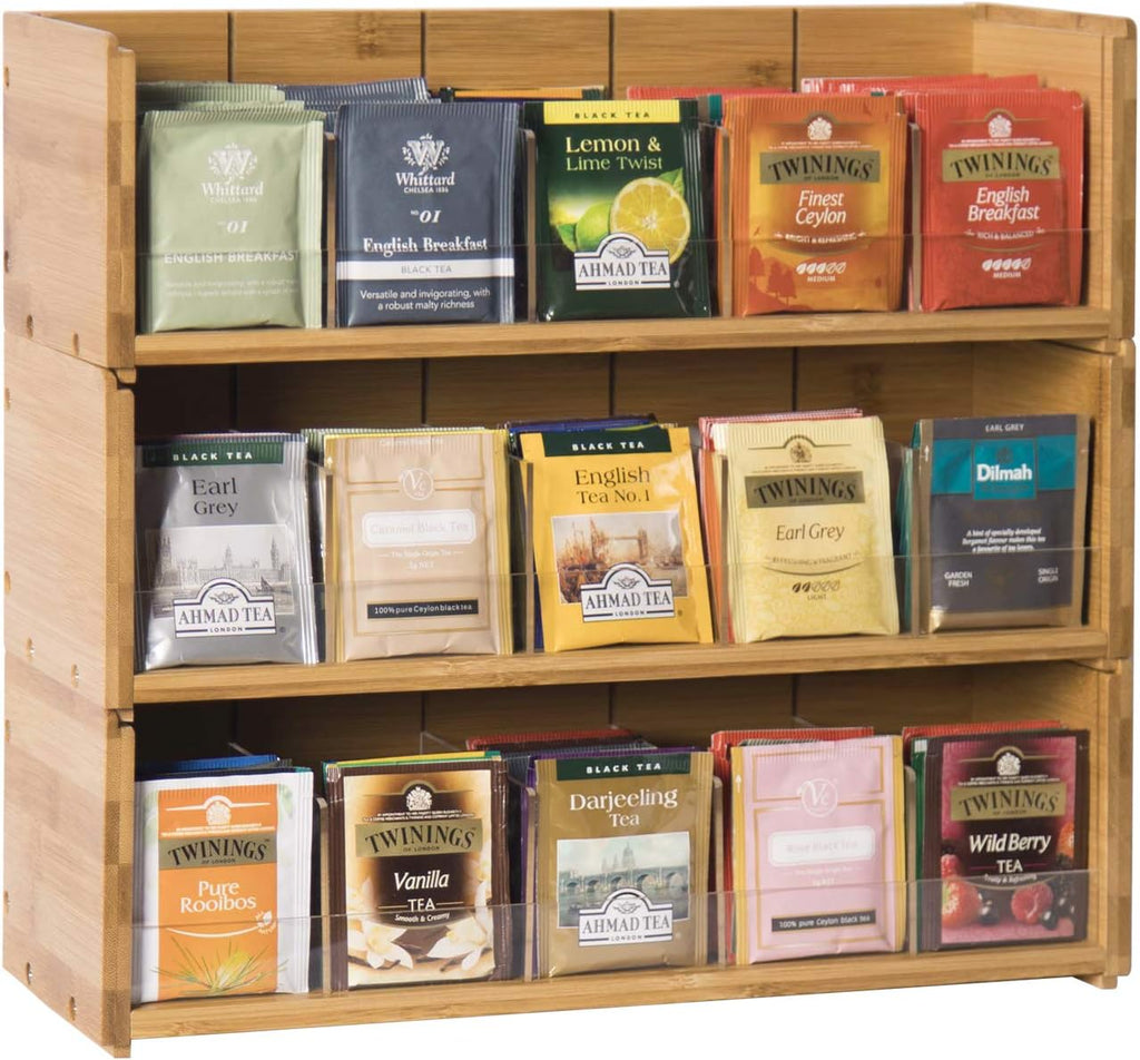 X-cosrack Bamboo Tea Bag Organizer Storage Box, 3 Tier Stackable Tea Bag Box Natural Wood, Wall Mount Tea Chests with Acrylic for tea bags Office Kitchen Cabinet Pantry