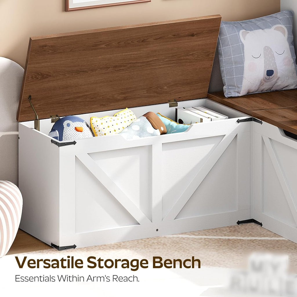 YATINEY L-Shaped Storage Bench, Storage Toy Chest with Hidden Compartments, Breakfast Nook Bench for Corner Spaces, Kitchen, Dining Room, Cloakroom, Walnut and White CW01WH