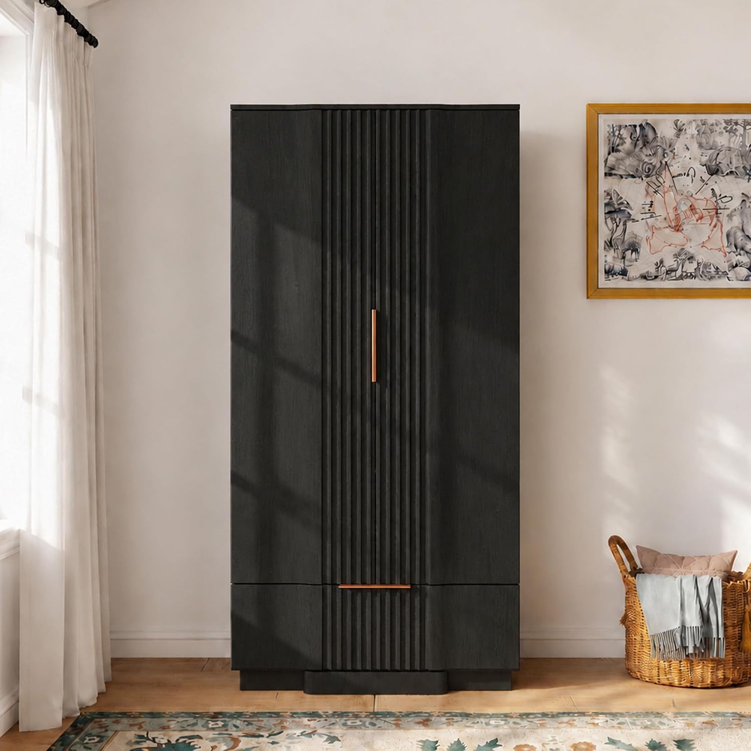 Yechen 67" Fluted Armoire Wardrobe Closet with Doors and Drawer | Wooden Wardrobe Closet Cabinet with Adjustable Shelve, Modern Small Armoires Storage Clothes, Coats for Bedroom, Black